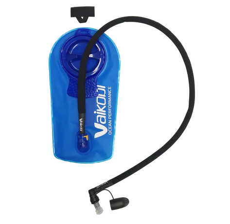 Blue water bladder and drinking straw designed as part of a hydration system for high tempo activities.
