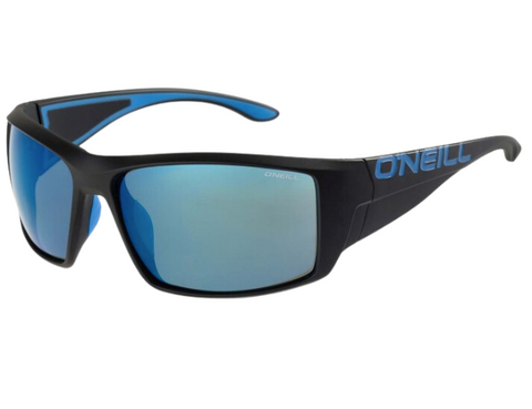a pair of O'Neill sunglasses in matte black and blue with blue mirror lenses