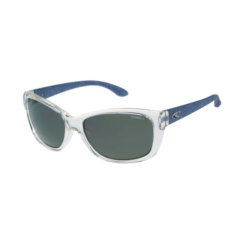 Sunglasses with blue frames and clear lenses on a white background with O'Neill logo