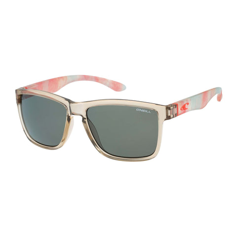 Sunglasses with pink and transparent frame on a white background