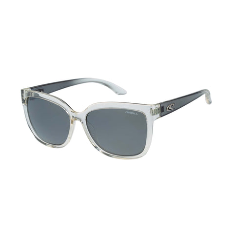 Sunglasses with clear frame and dark lenses on a white background