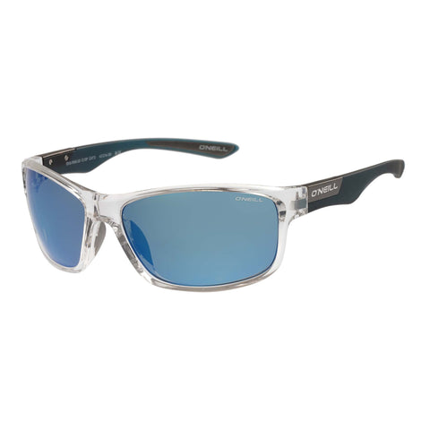 Sunglasses with teal coloured arms and transparent frames with blue tinted lenses.