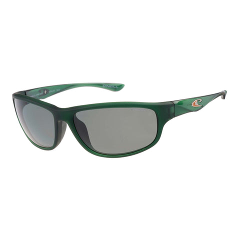 Green sunglasses with a brand logo on a white background