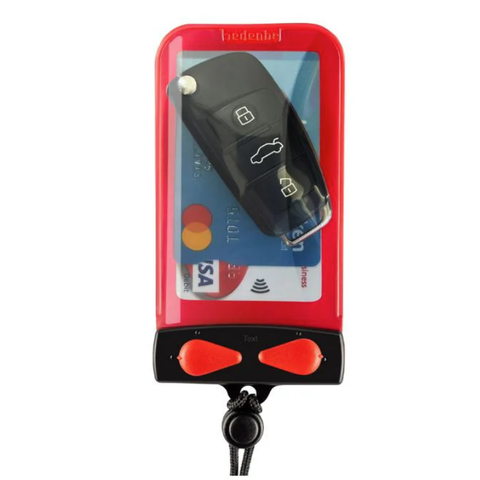 Red Waterproof key case with car key fob and cards on a white background