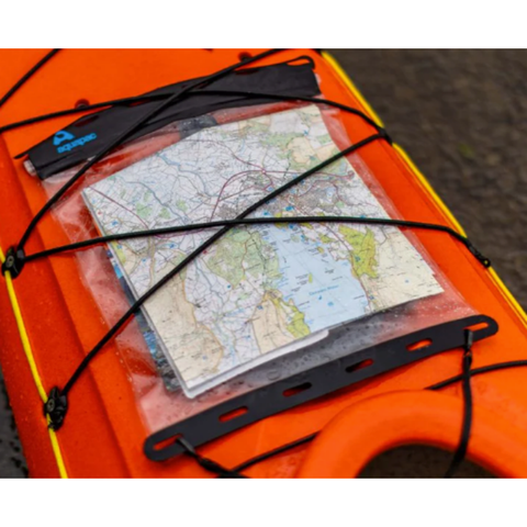 Map on a waterproof cover with a kayak in the background