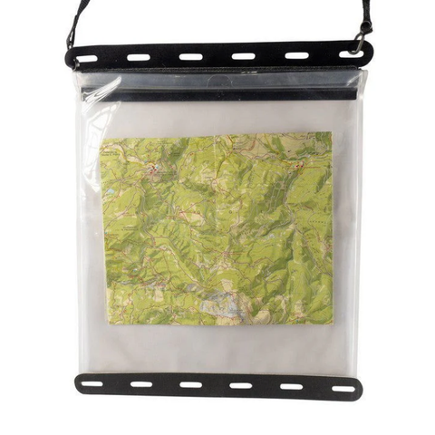 Clear map case with a topographic map inside, black strap on top.