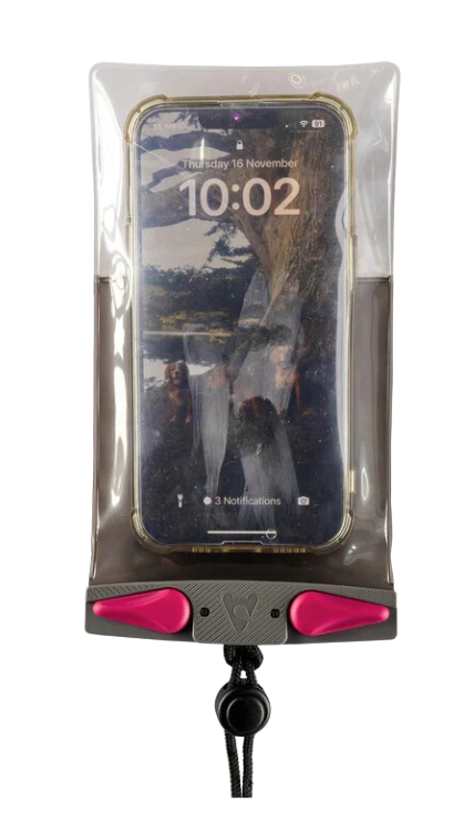 A mobile phone inside a waterproof phone case. Secured with grey and pink closure system and lace attachment.