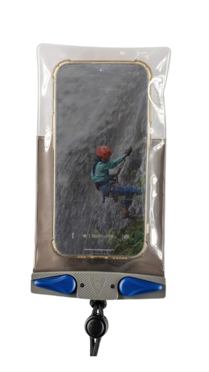 a mobile phone shown inside a waterproof phone case with blue and grey closing system and securing lanyard