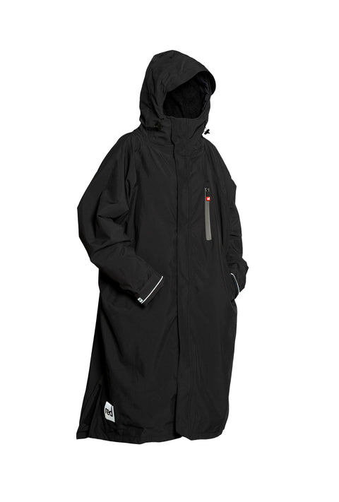 a red original pro changing robe in the colour black with a black fleece  lining red logo in the bottom corner with cuffed sleeves and white background