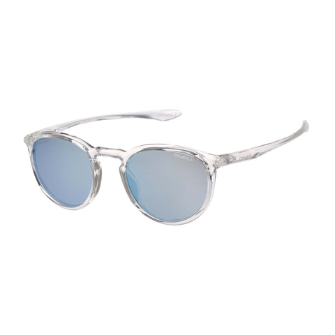 Round sunglasses with clear frame and blue lenses on a white background with O'Neill logo