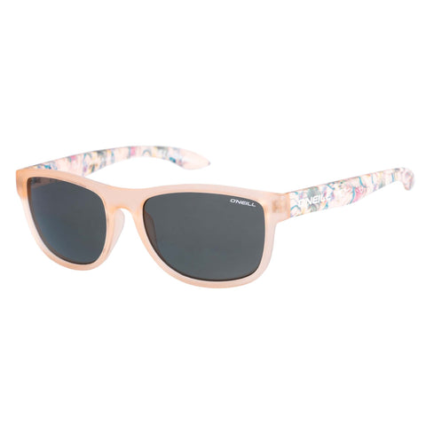 Sunglasses with tinted lenses and pink patterned frame on a white background