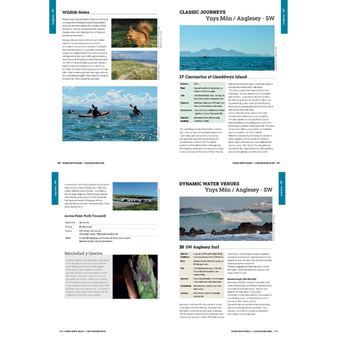 Pages from a book with images of people kayaking and scenic views of water and mountains.