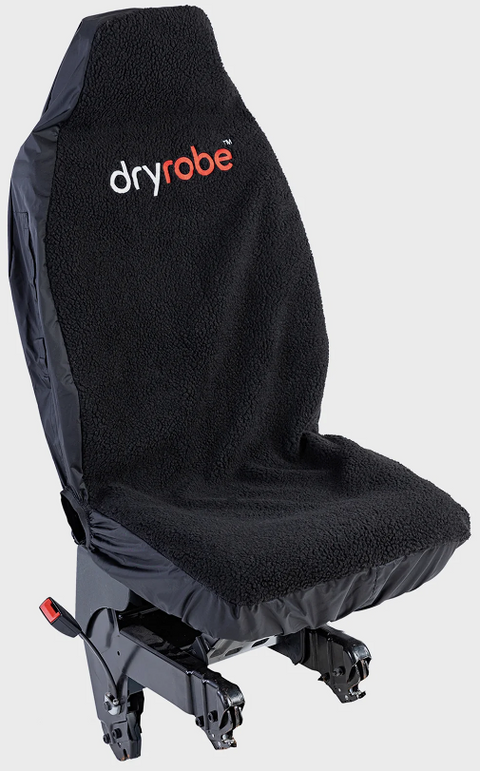 A single car seat cover in black with a Dryrobe logo showing fitted to a single car seat against a white background