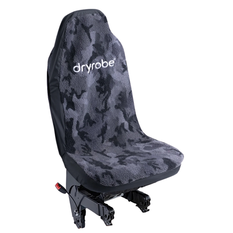 Car seat cover with camouflage pattern and 'dryrobe' branding on a white background