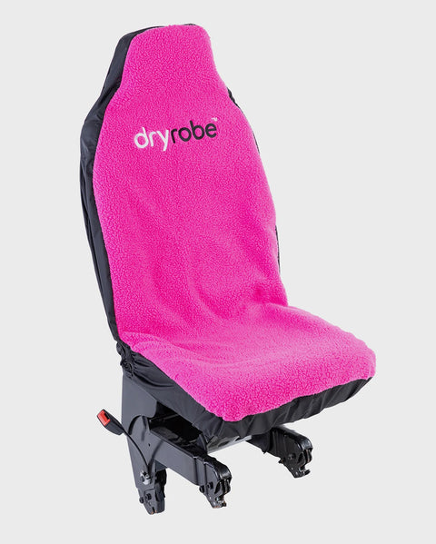 A pink Dryrobe car single seat cover fitted on a car seat, with the brand logo visible on the backrest.
