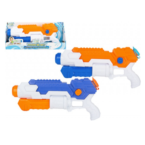 Blue, white and orange coloured water pistols on a white background.