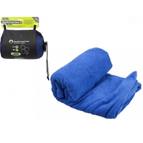A blue towel partially rolled up alongside an image of a rolled towel in a black storage bag.