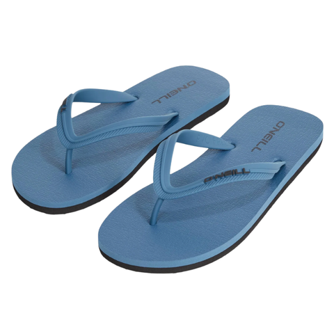Pair of blue flip-flops with black soles on a white background