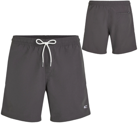 Grey shorts with a white drawstring against a white background