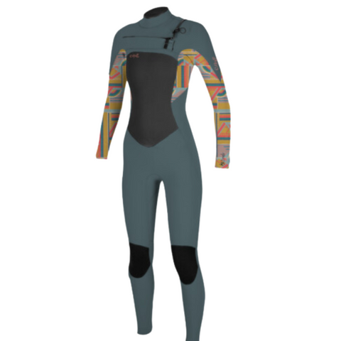 A full-body O'Neill wetsuit with geometric patterns on the sleeves. The wetsuit is primarily dark-colored with a black back zip.