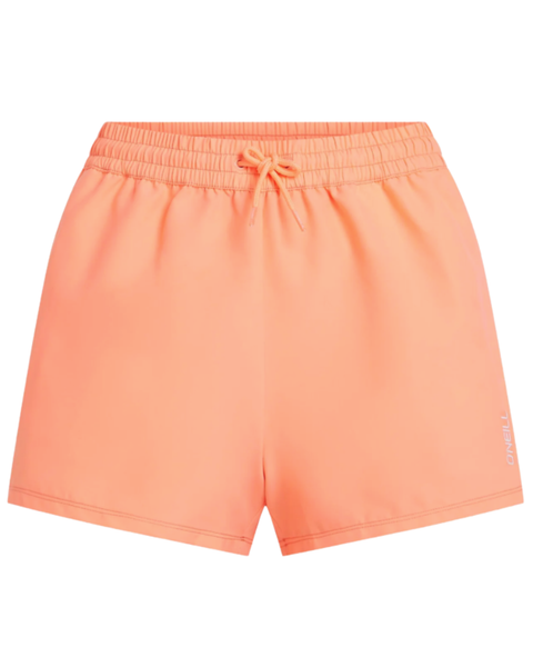 A pair of peach coloured swim shorts with white branding against a white background.