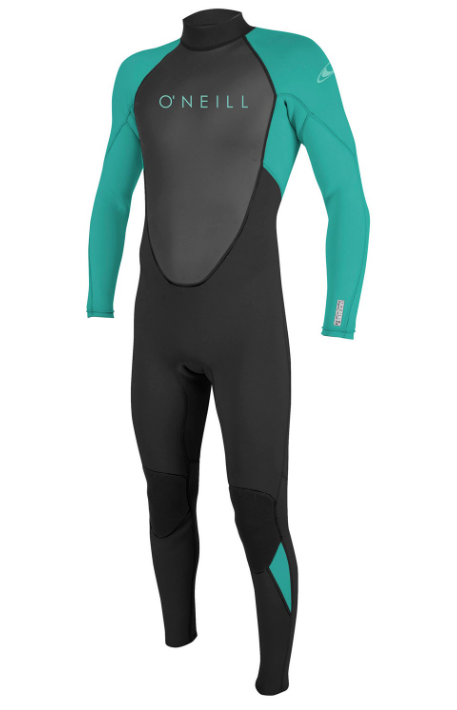 A youth-sized O'Neill Reactor 3/2 wetsuit in black with teal accents. The wetsuit features long sleeves and is designed for water activities.