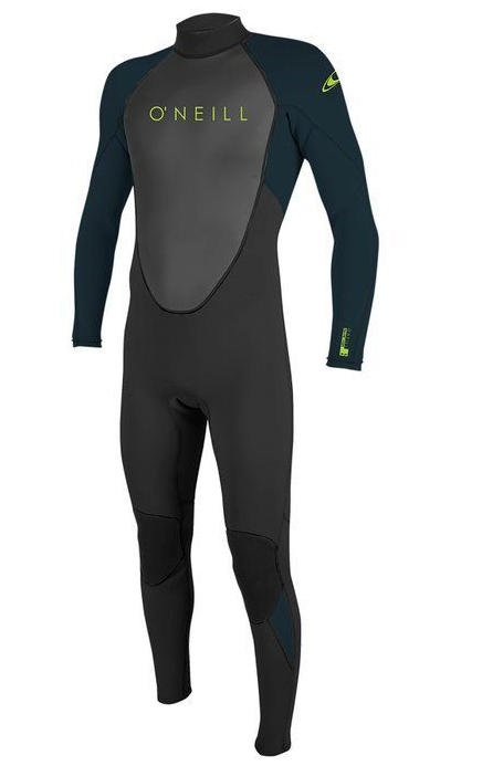 A youth-sized O'Neill Reactor 3/2 wetsuit in black with teal accents. The wetsuit features long sleeves and is designed for water activities.