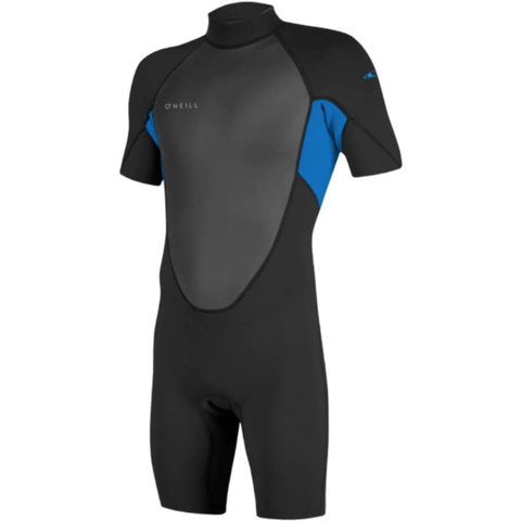 Black and blue short sleeve and short leg wetsuit with O'Neill branding on a white background