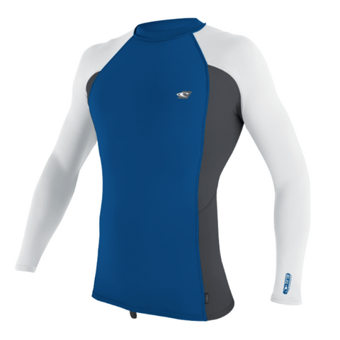 O'Neill Premium Skins Long Sleeve Sun Shirt in blue, white, and grey colours.
