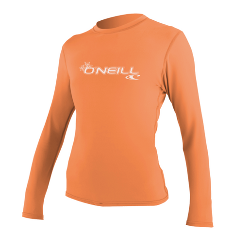 An O'Neill Basic Skins Sun Shirt in long-sleeve design, orange in color, with the O'Neill logo on the chest.