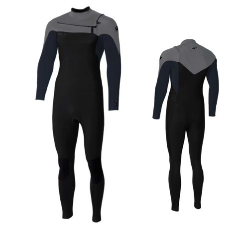 Black and grey Oneill wetsuit shown from front and side views on a white background