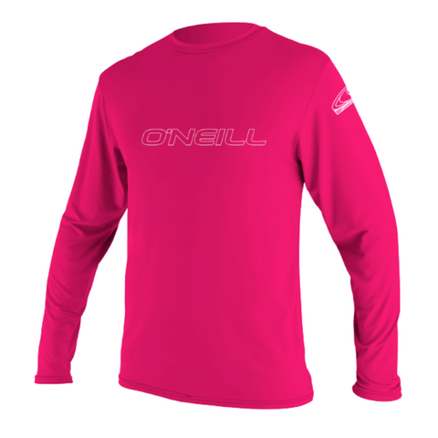 A pink O'Neill Sun Shirt for kids with long sleeves, featuring the O'Neill brand logo on the chest and a small O'Neill logo on the upper left arm.