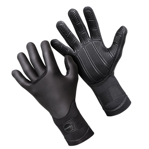 Pair of black neoprene gloves with textured palm on a white background