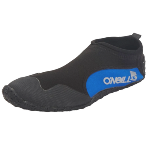 An O'Neill Reactor Reef Boot for adults, featuring a black neoprene upper with a blue oval logo on the side.