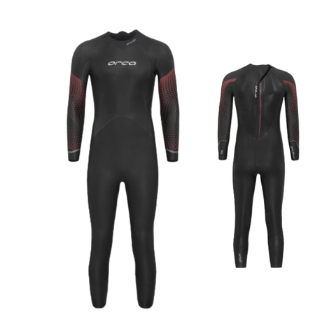 Two images of a black full-body triathlon wetsuit shown on a plain white background, one front view and one back view. The wetsuit has red patterned accents on the upper arms and shoulders, a red zipper line on the back, and a white 'Orca' logo on the chest.