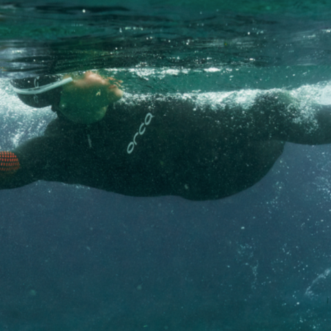 An underwater close-up of a person wearing a black wetsuit with the white 'orca' logo on the chest, swimming in deep blue-green water with visible bubbles around them.