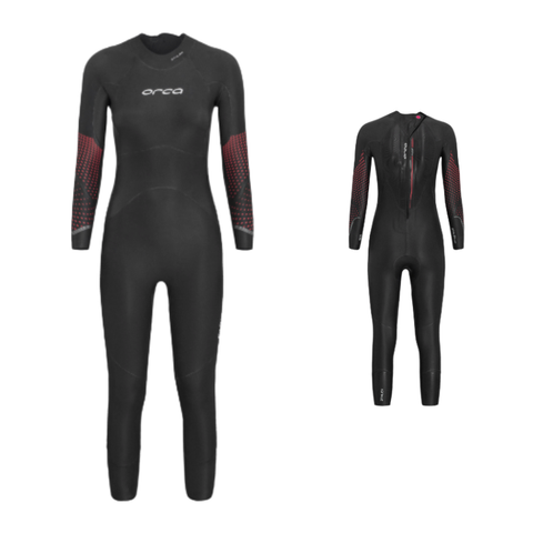 Two images of a black full-body triathlon wetsuit shown on a plain white background, one front view and one back view. The wetsuit has red patterned accents on the upper arms and shoulders, a red zipper line on the back, and a white 'Orca' logo on the chest.
