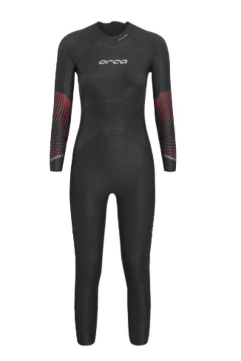 A full-body black wetsuit with long sleeves and legs, featuring a subtle red patterned gradient on the upper sleeves and a white 'orca' logo on the chest, shown against a plain white background.