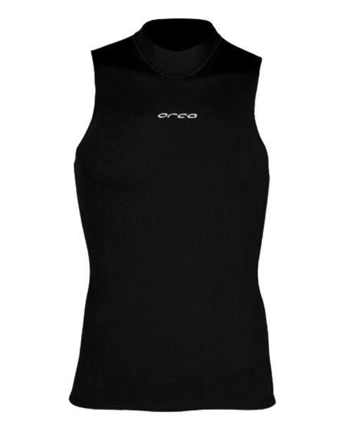 Black sleeveless neoprene vest with 'orca' logo on a white background