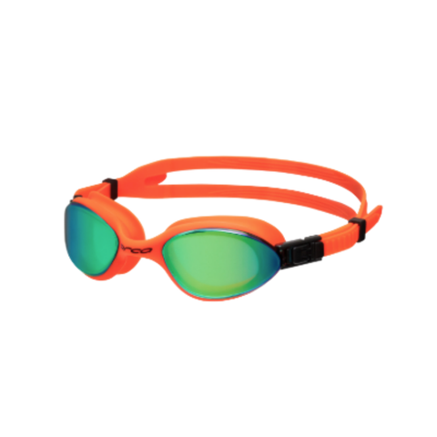 Orange swim goggles with green lenses on a white background
