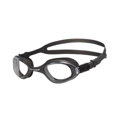 Black framed swimming goggles with clear lenses and an adjustable headband.