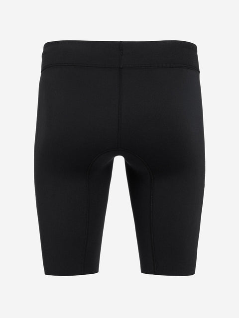 Black neoprene swim shorts on a light grey background