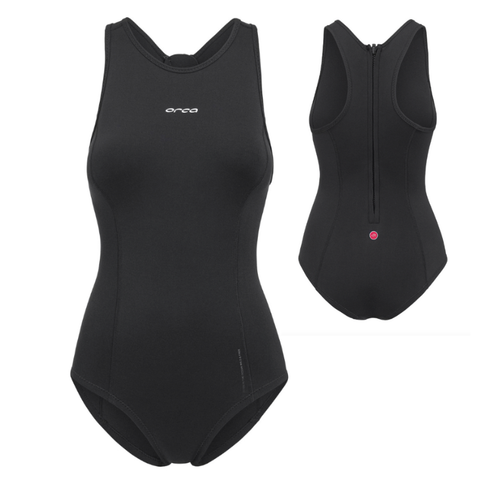 Black Neoprene Orca swimsuit with a zipper on a white background