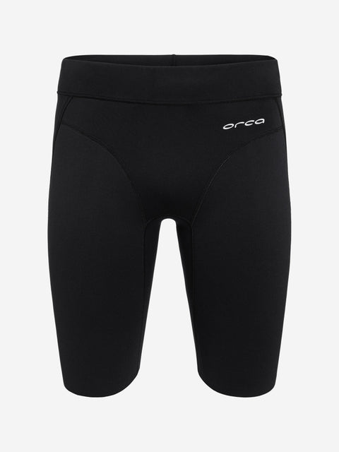 Black athletic shorts with 'orca' branding on a white background
