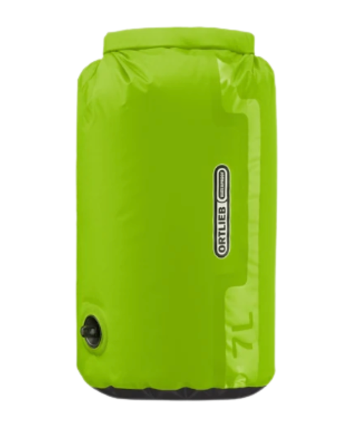 A lime green image of a cylindrical shaped bag with Ortlieb branding. 