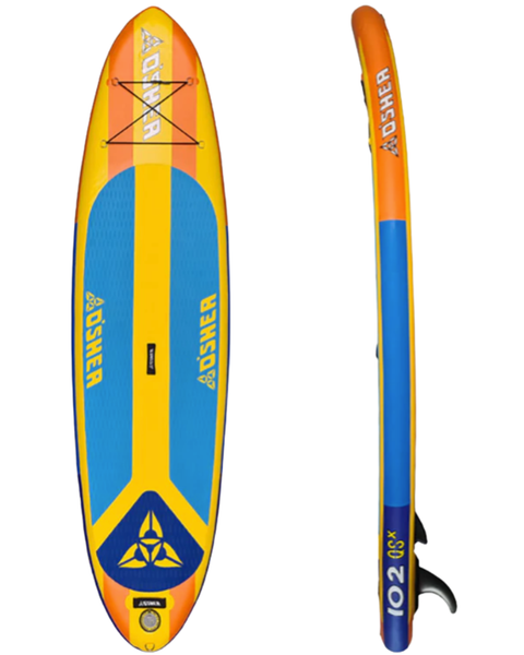 An inflatable paddleboard with Oshea logo in blue, orange and yellow colours shown in top and side profile.