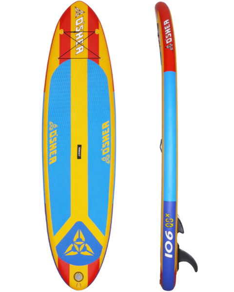 Colorful inflatable stand-up paddleboard with Oshea branding on a white background