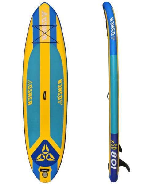 Blue and yellow inflatable stand-up paddleboard with brand logo on a white background