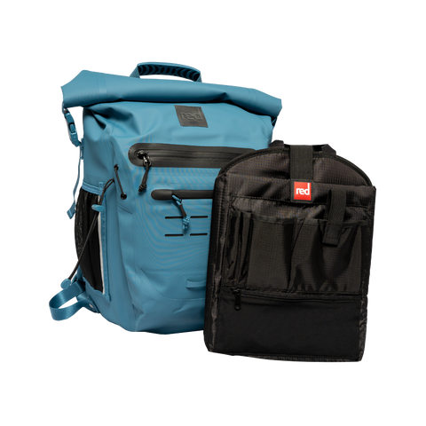 Red Original 30ltr Waterproof backpack showing removable laptop sleeve