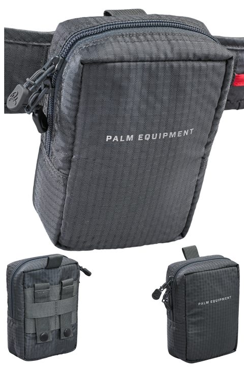 An image containing three views of a grey accessory pouch with zip closures and Palm branding.